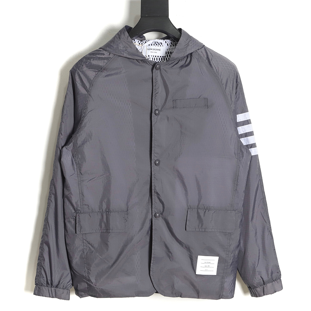 Thom Browne Hooded Four Bar Mesh Windbreaker Jacket