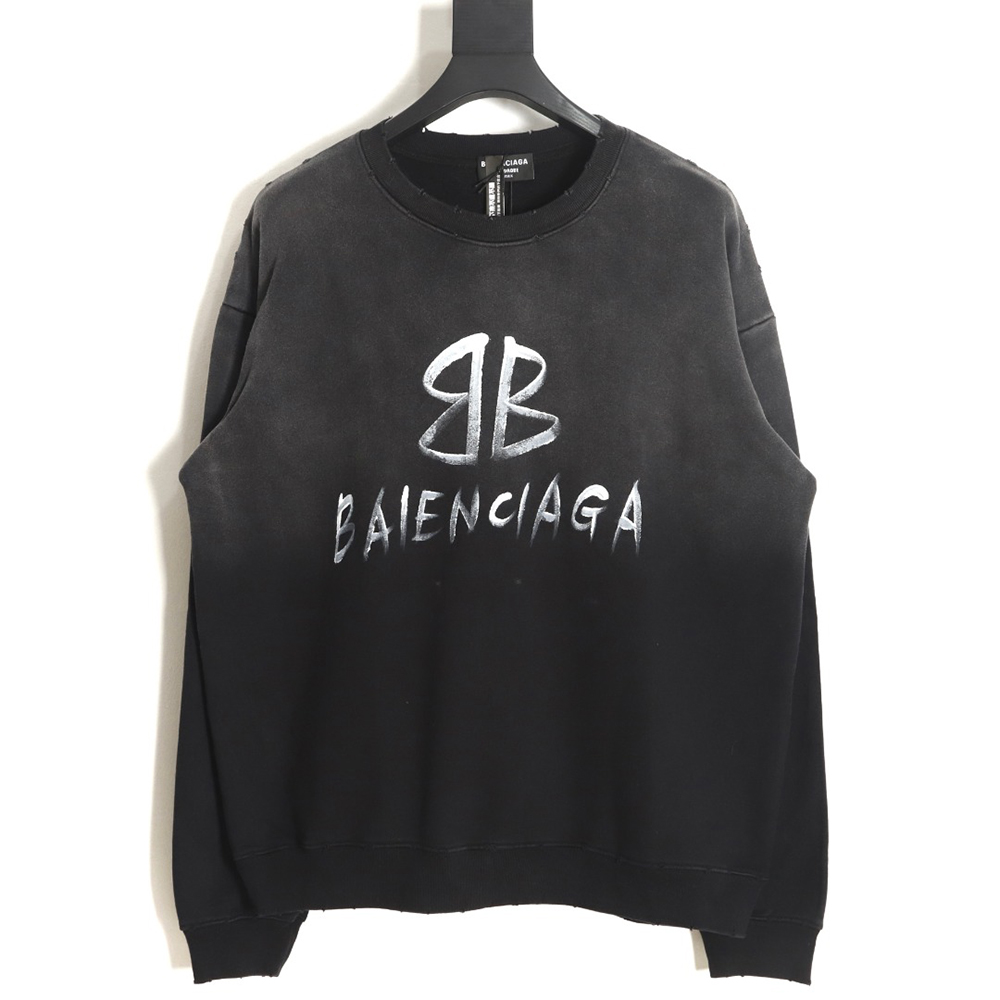 Ba*len*cia*ga gradient washed destroyed hand-painted cursive lettering crew neck sweatshirt