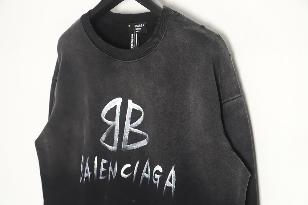 Ba*len*cia*ga gradient washed destroyed hand-painted cursive lettering crew neck sweatshirt