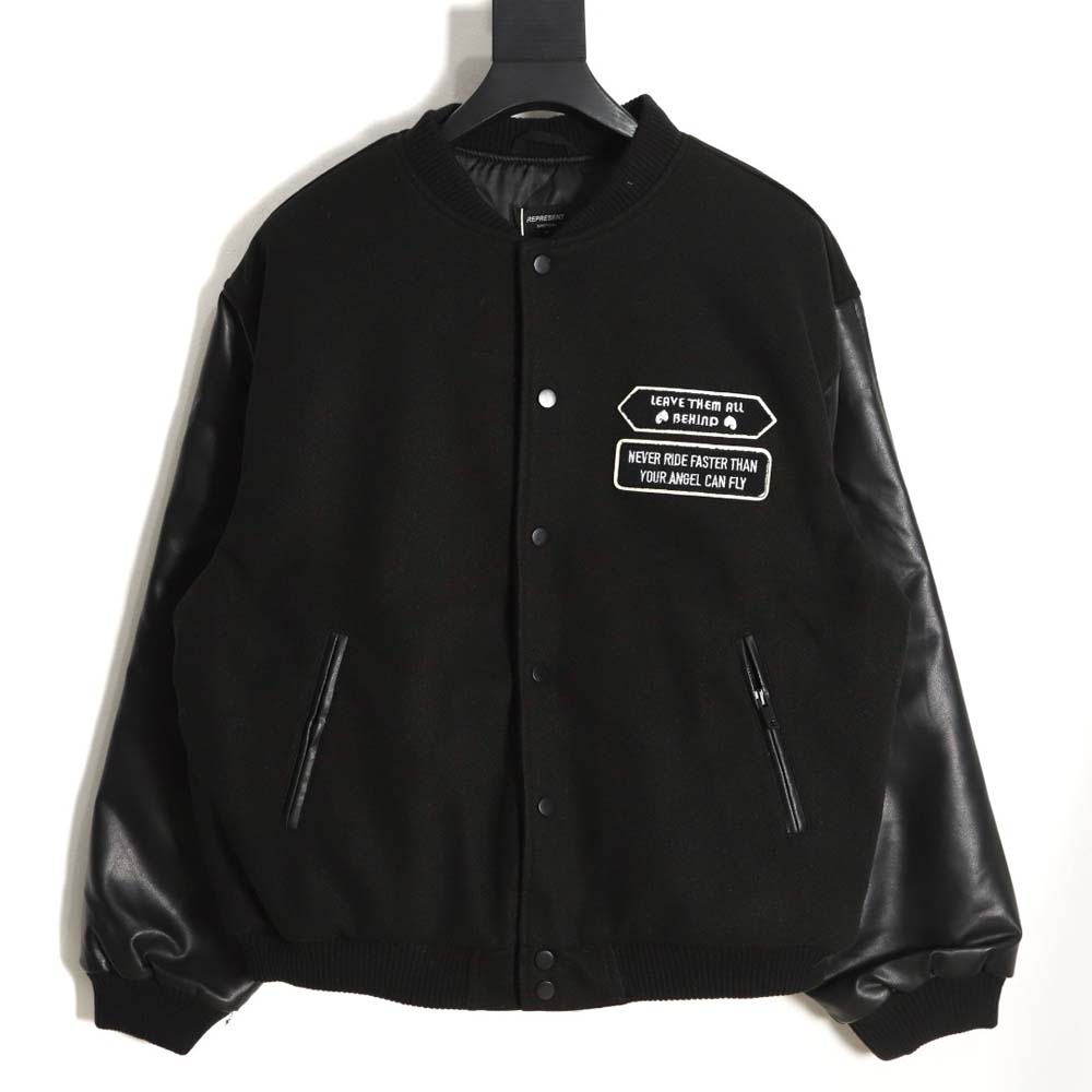Representative Black 5 Limited Bulldog Embroidered Jacket High Street Leather Sleeves Spliced Baseball uniform