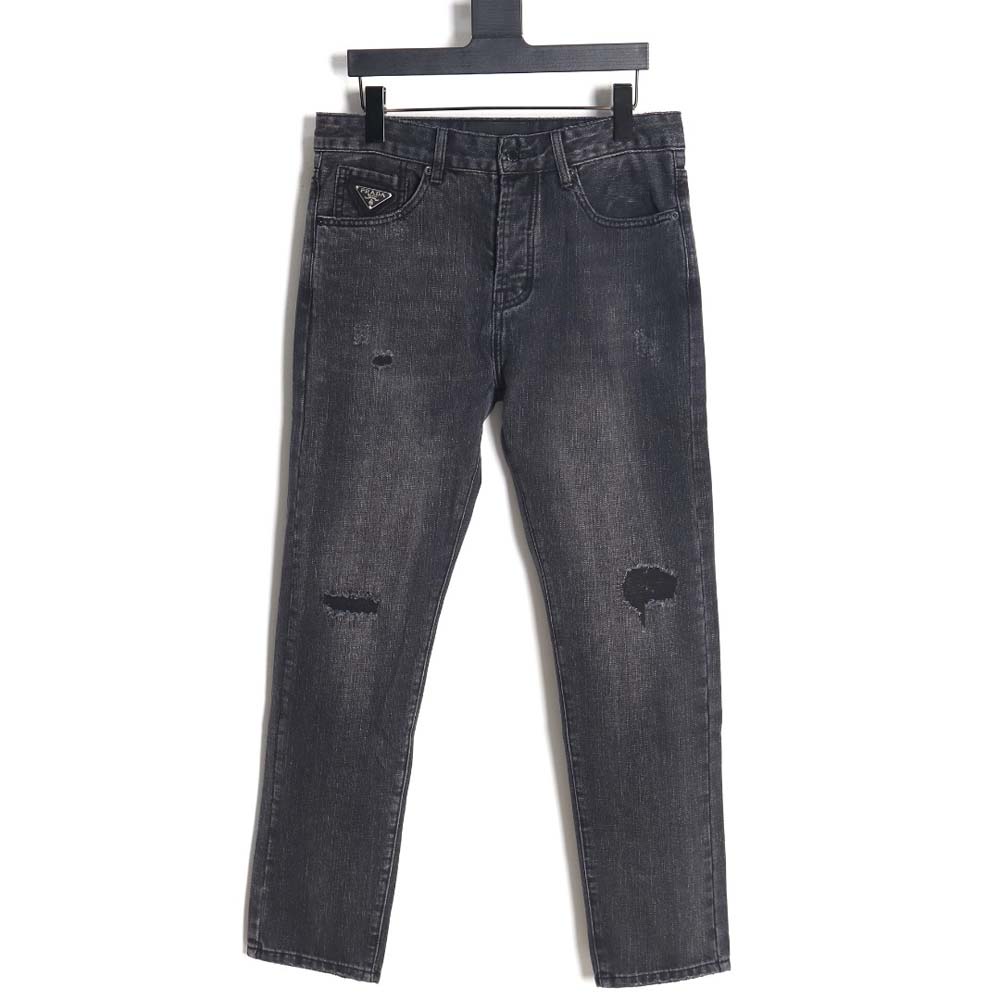 Pra*a 23fw triangle logo and logo embroidered washed jeans