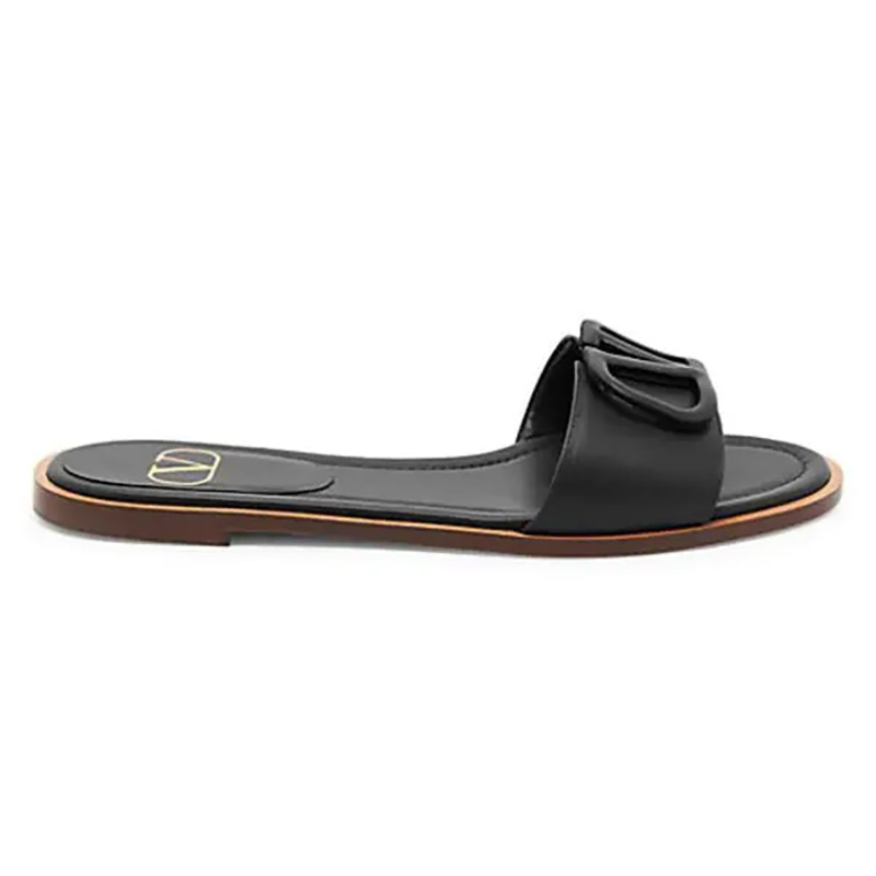 VALENTINO GARAVANI Wo Garavani Vlogo Leather Slide Sandals - Black