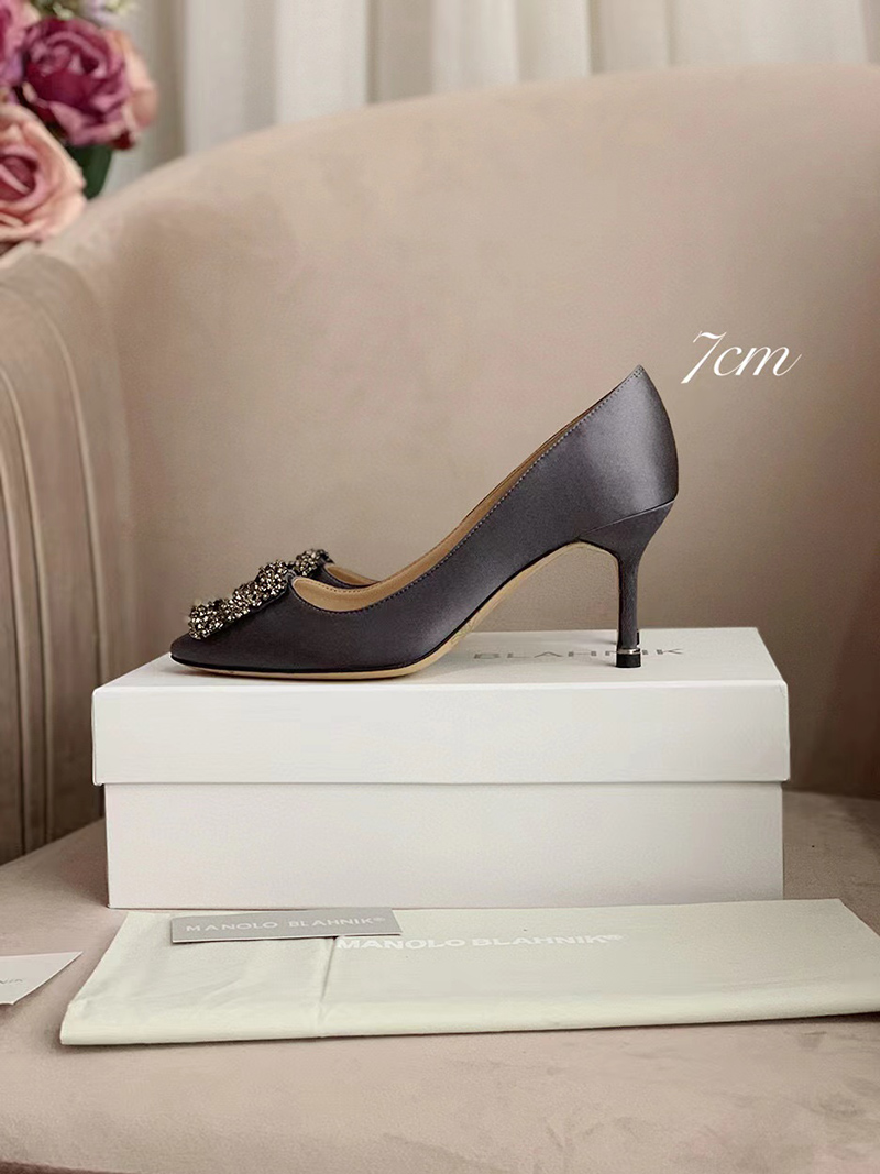 Manolo Blahnik Hangisi Dark Grey Satin Jewel Buckle Pumps
