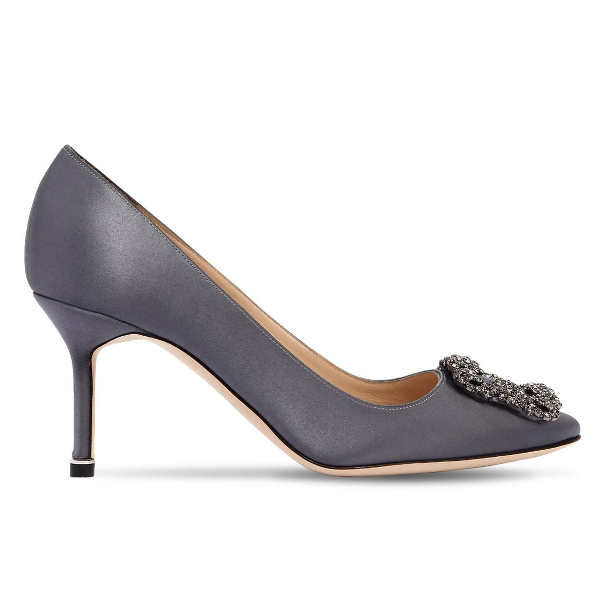 Manolo Blahnik Hangisi Dark Grey Satin Jewel Buckle Pumps