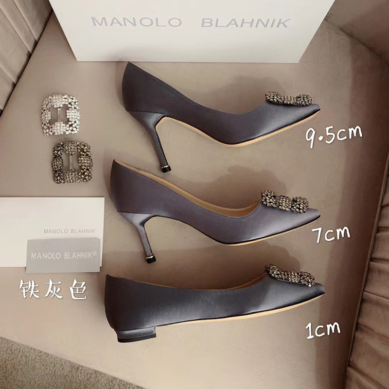 Manolo Blahnik Hangisi Dark Grey Satin Jewel Buckle Pumps