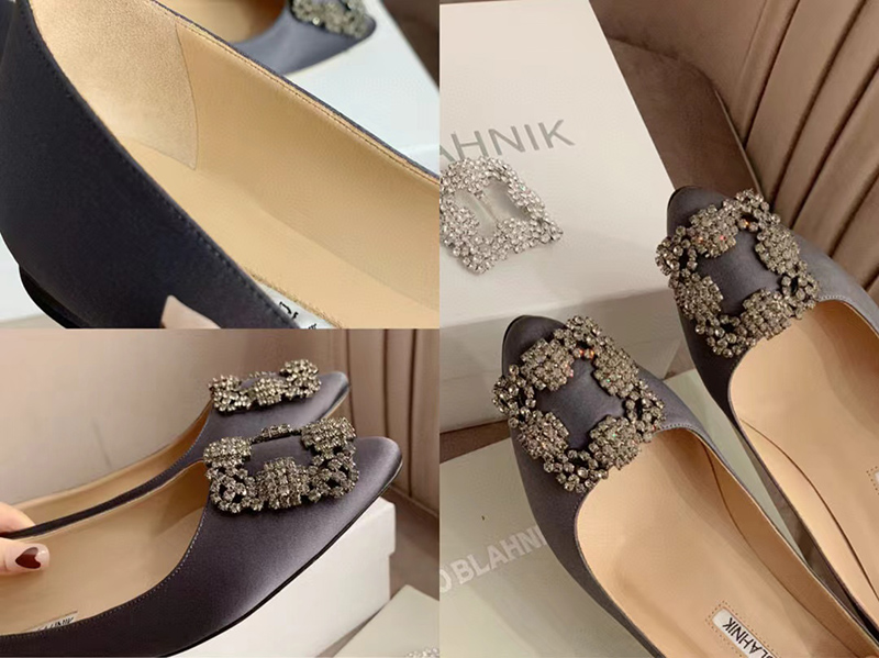 Manolo Blahnik Hangisi Dark Grey Satin Jewel Buckle Pumps