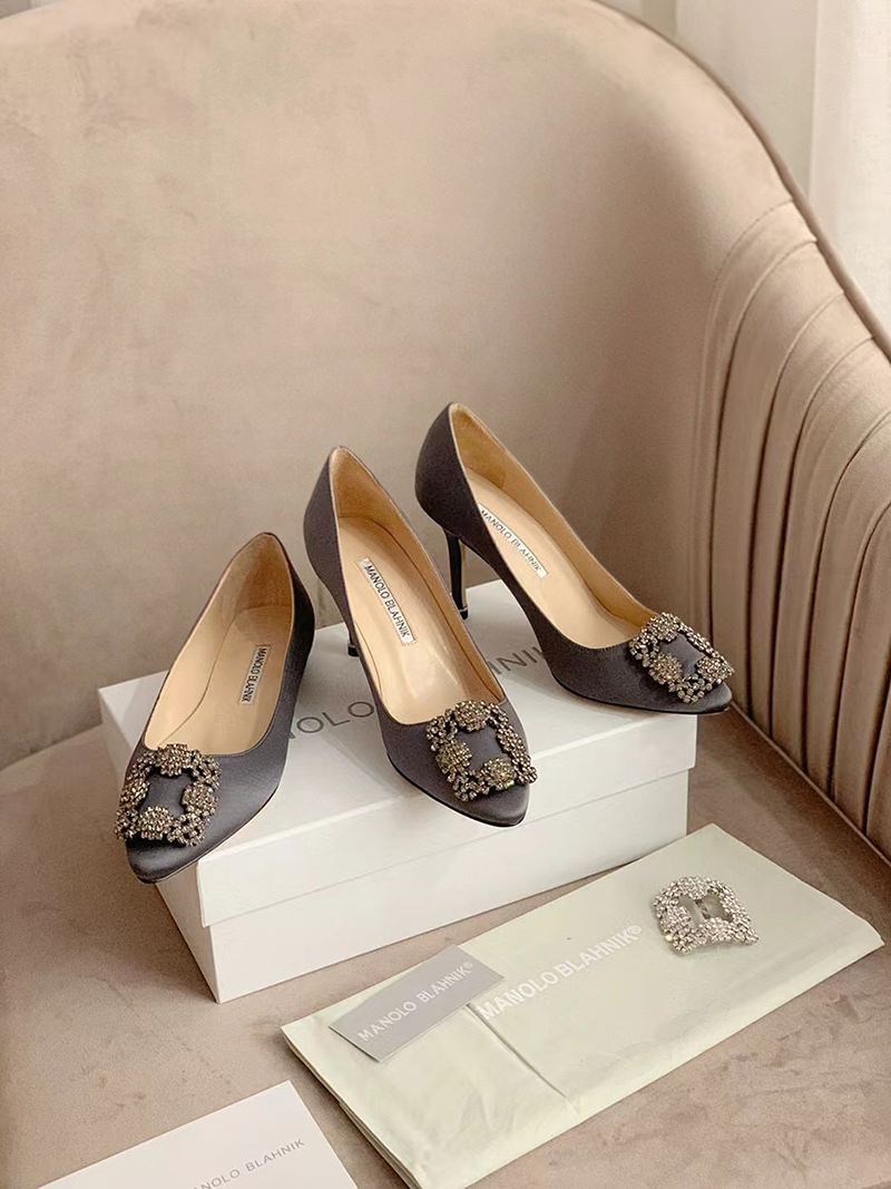 Manolo Blahnik Hangisi Dark Grey Satin Jewel Buckle Pumps