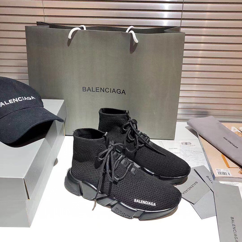 Ba*len*cia*ga speed lace-up recycled knit trainers in black