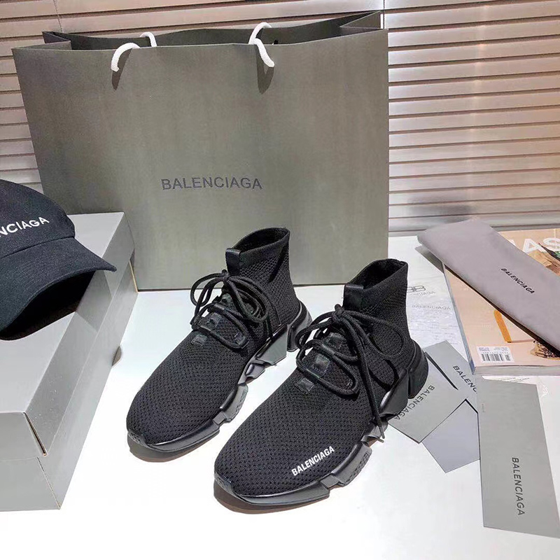 Ba*len*cia*ga speed lace-up recycled knit trainers in black