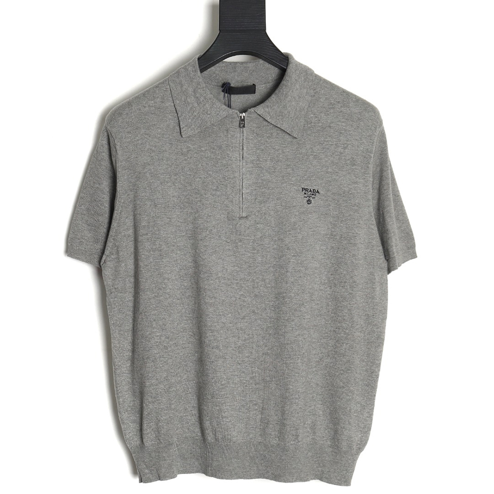 Pra*a small logo half-zip wool knit short sleeve polo shirt tsk1