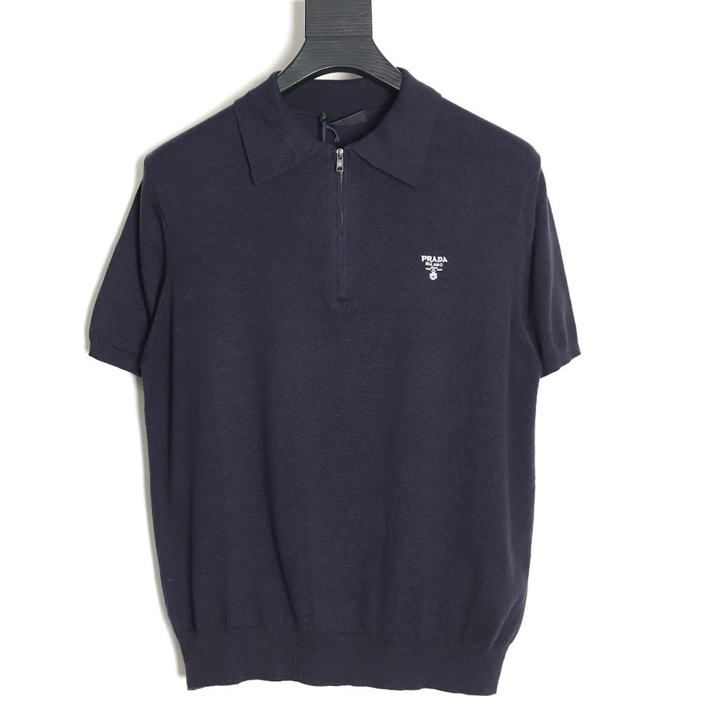 Pra*a small logo half-zip wool knit short sleeve polo shirt tsk2