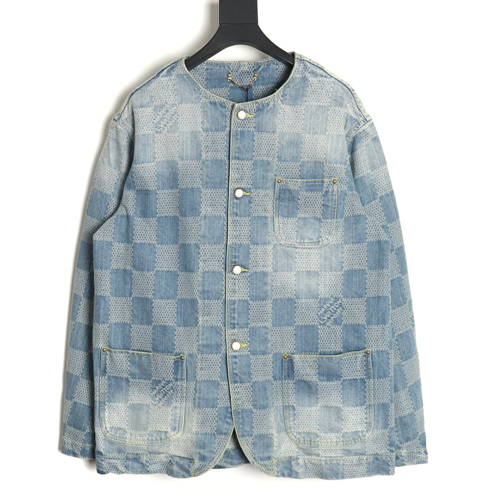 l0*is V*t0n 24ss checkerboard collarless denim shirt jacket