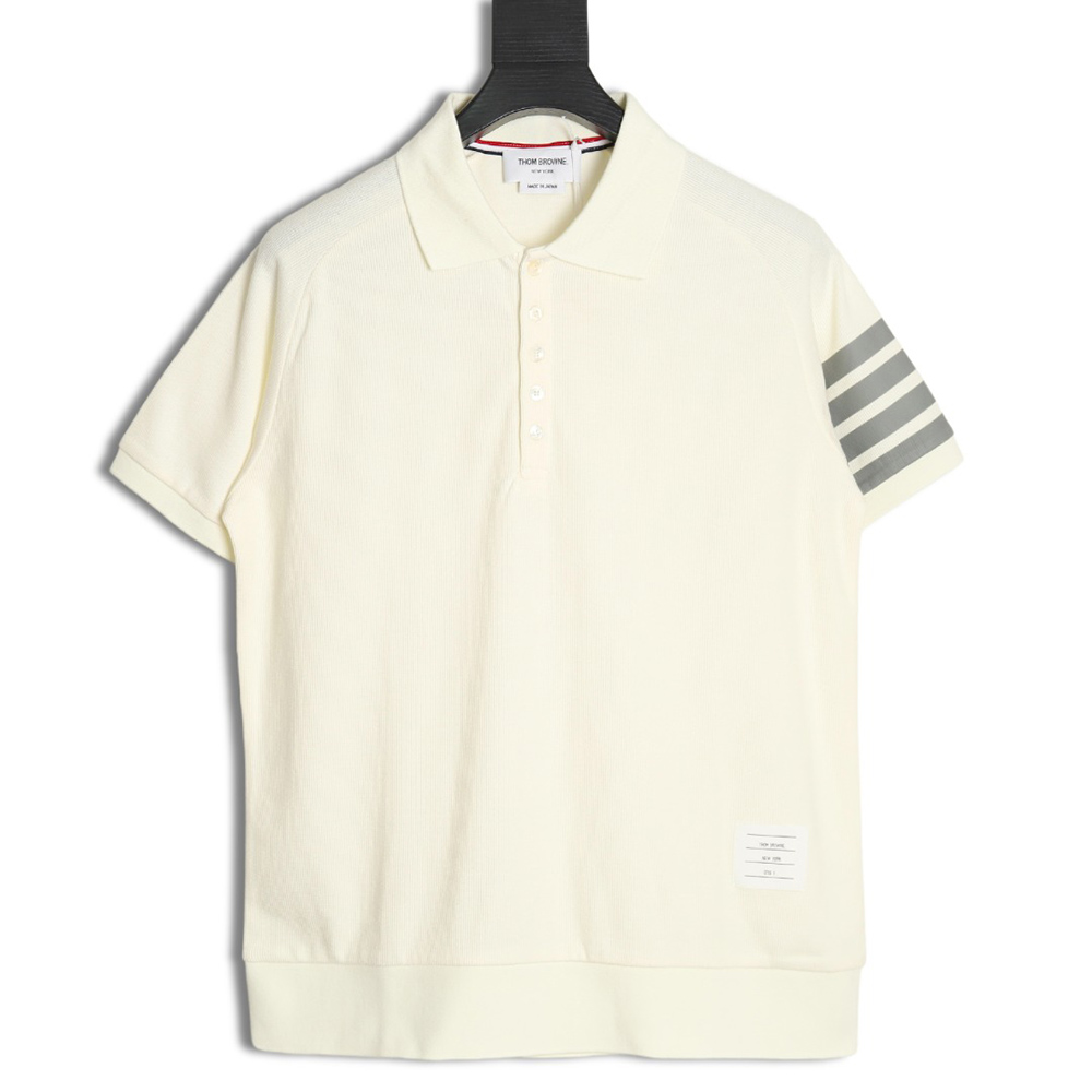 Thom Browne Water Ripple Four-Bar Pressed Leather Short-Sleeved POLO Shirt