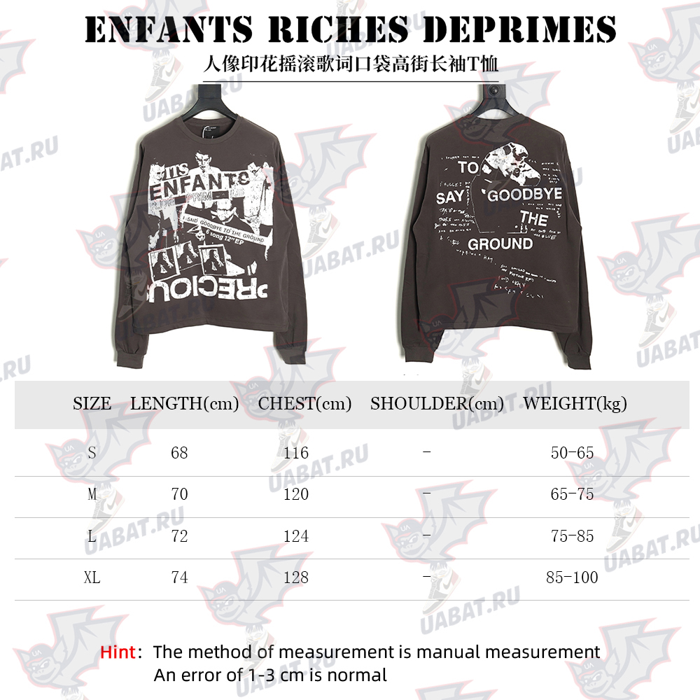 Enfants Riches Deprimes Portrait Print Rock Lyrics Long Sleeve S-XL