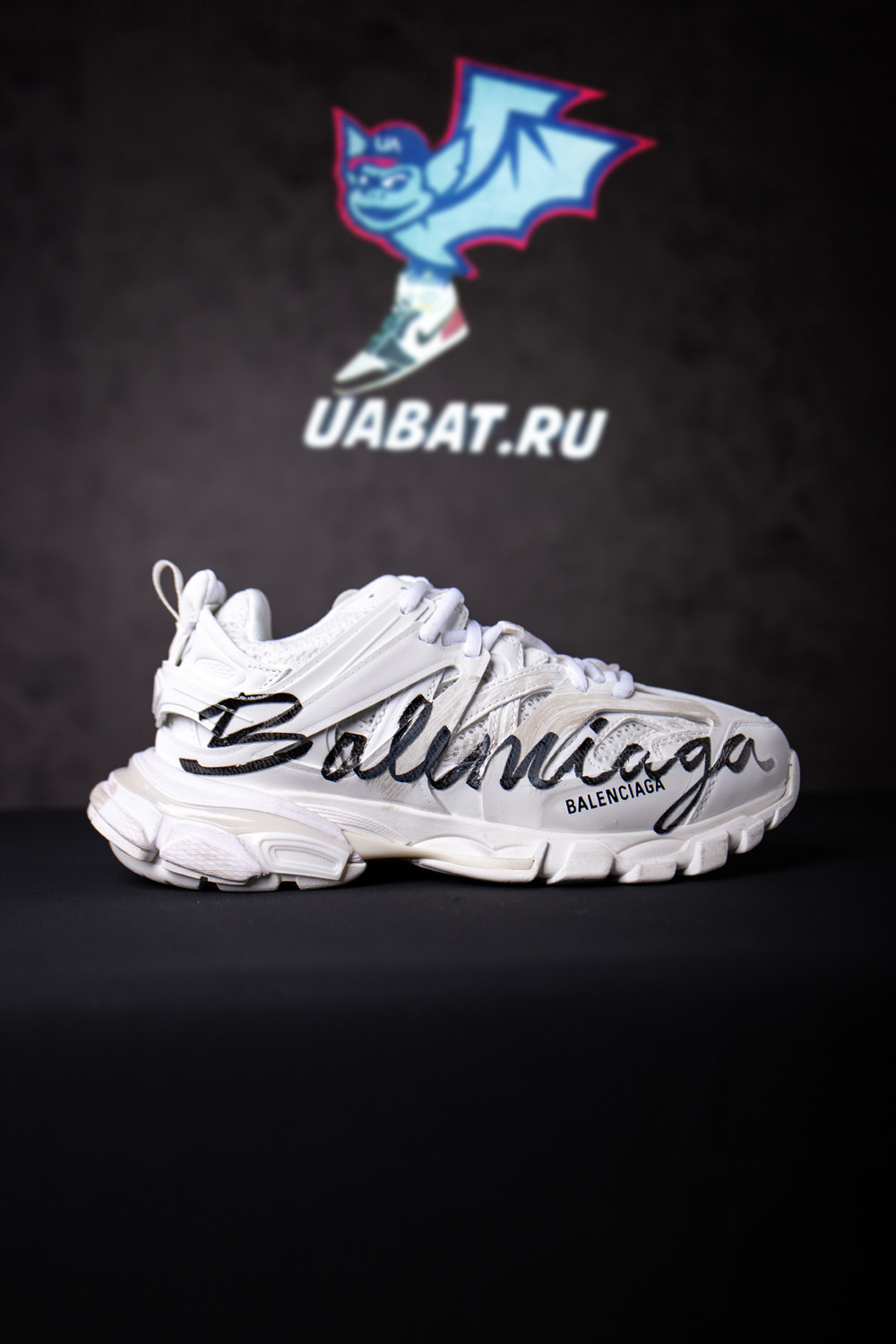 Ba*len*cia*ga track signature sneaker in white/black