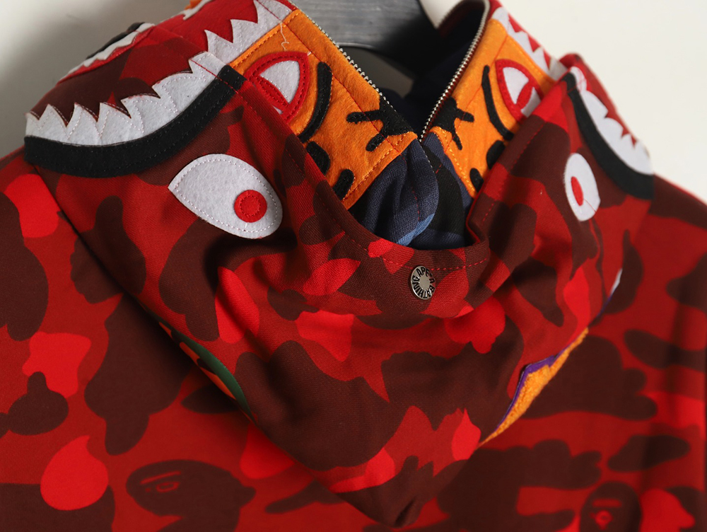 Bape shark head tiger head zipper camouflage double hoodie TSK1