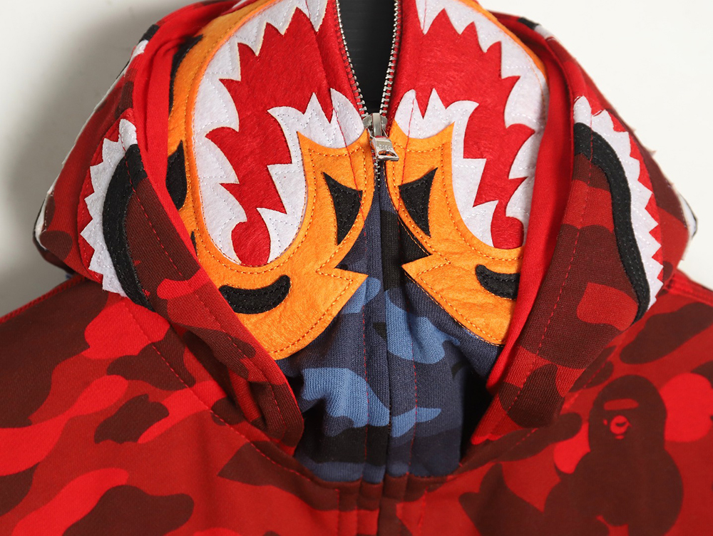 Bape shark head tiger head zipper camouflage double hoodie TSK1