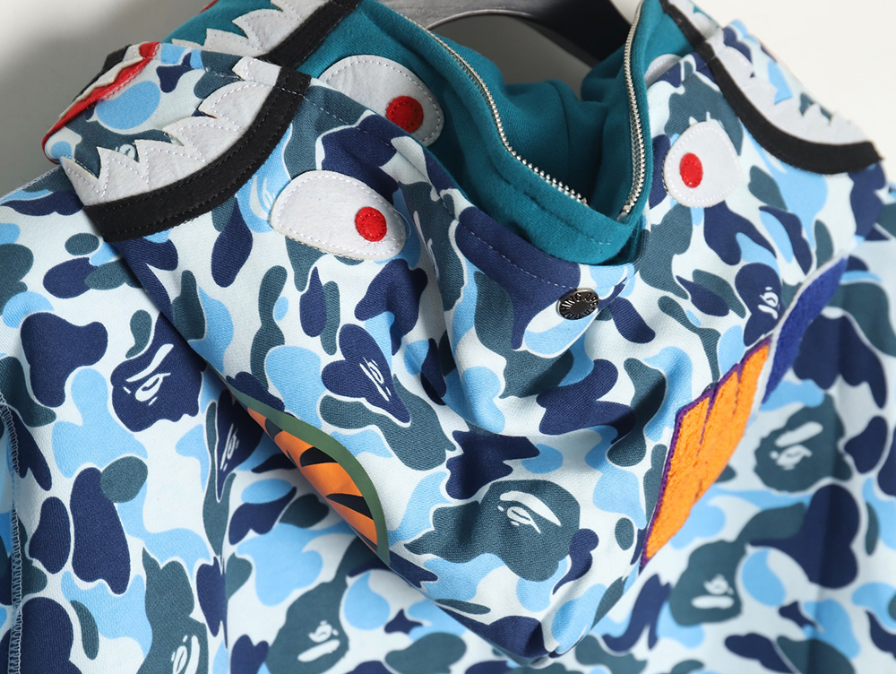 Bape shark head tiger head zipper camouflage double hoodie TSK2