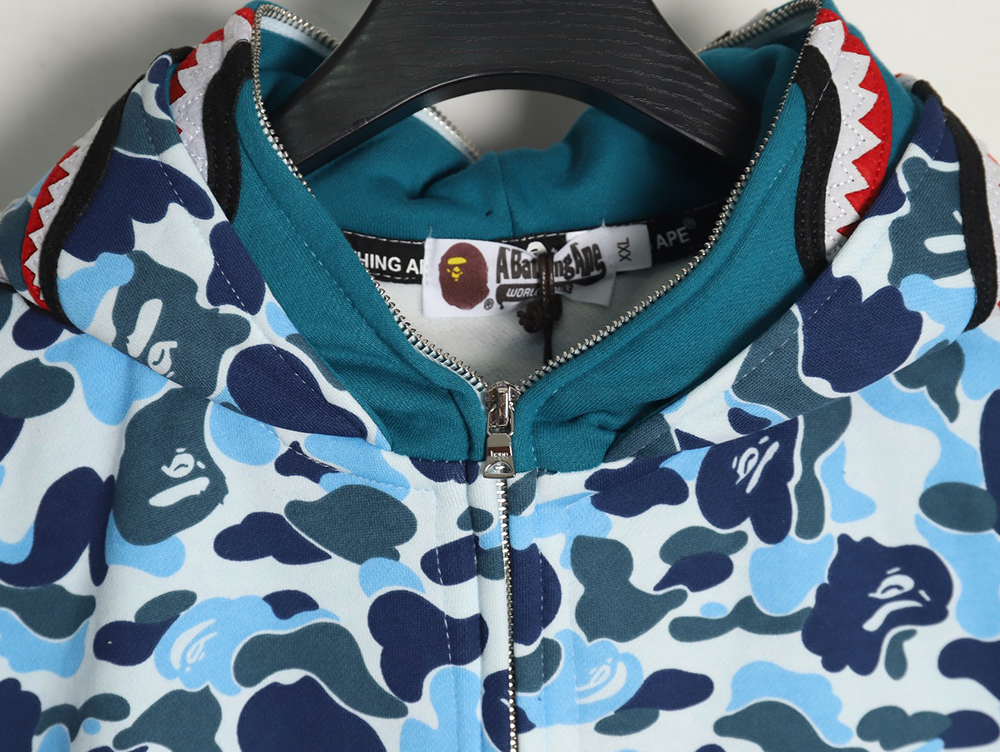 Bape shark head tiger head zipper camouflage double hoodie TSK2