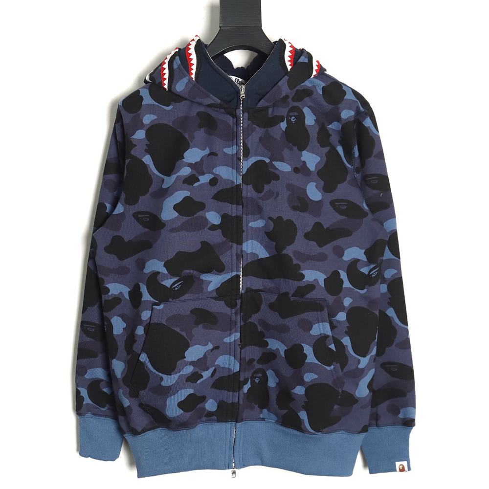 Bape shark head tiger head zipper camouflage double hoodie TSK3