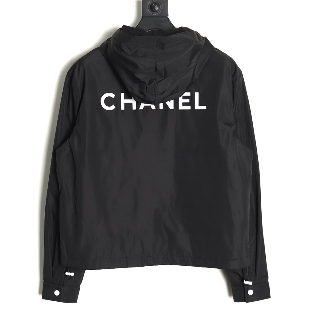 Ch*el embroidered slogan vintage zipper hooded trench coat