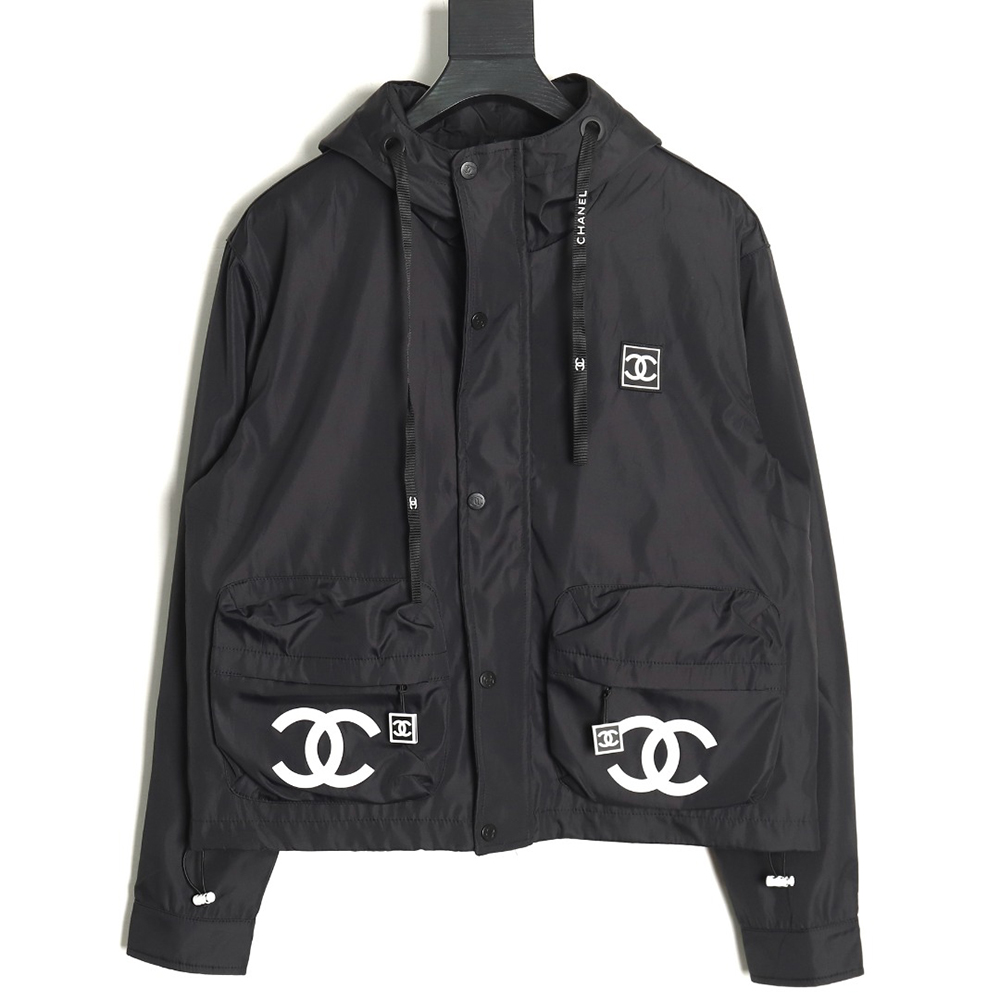 Ch*el embroidered slogan vintage zipper hooded trench coat