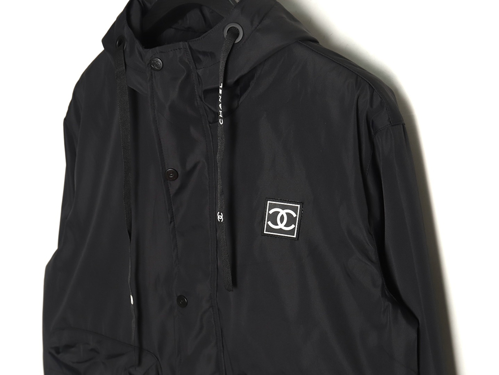 Ch*el embroidered slogan vintage zipper hooded trench coat