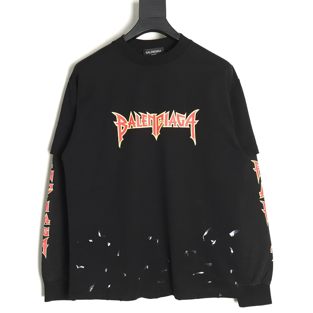 Ba*len*cia*ga flame logo letter print fake two-piece long sleeve tsk1