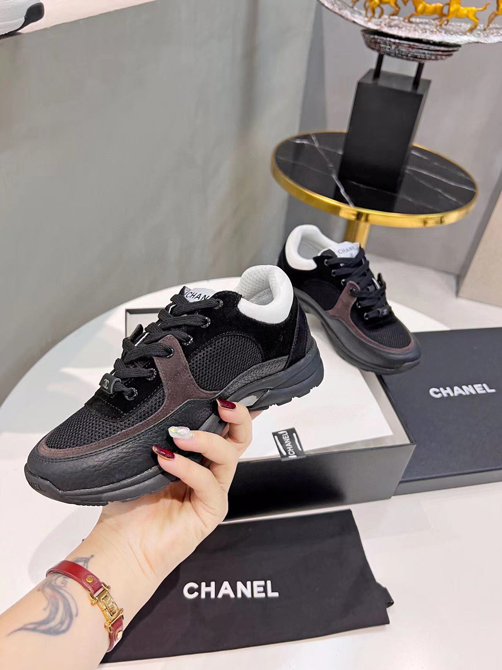 Ch*el cc low-top sneakers black & white