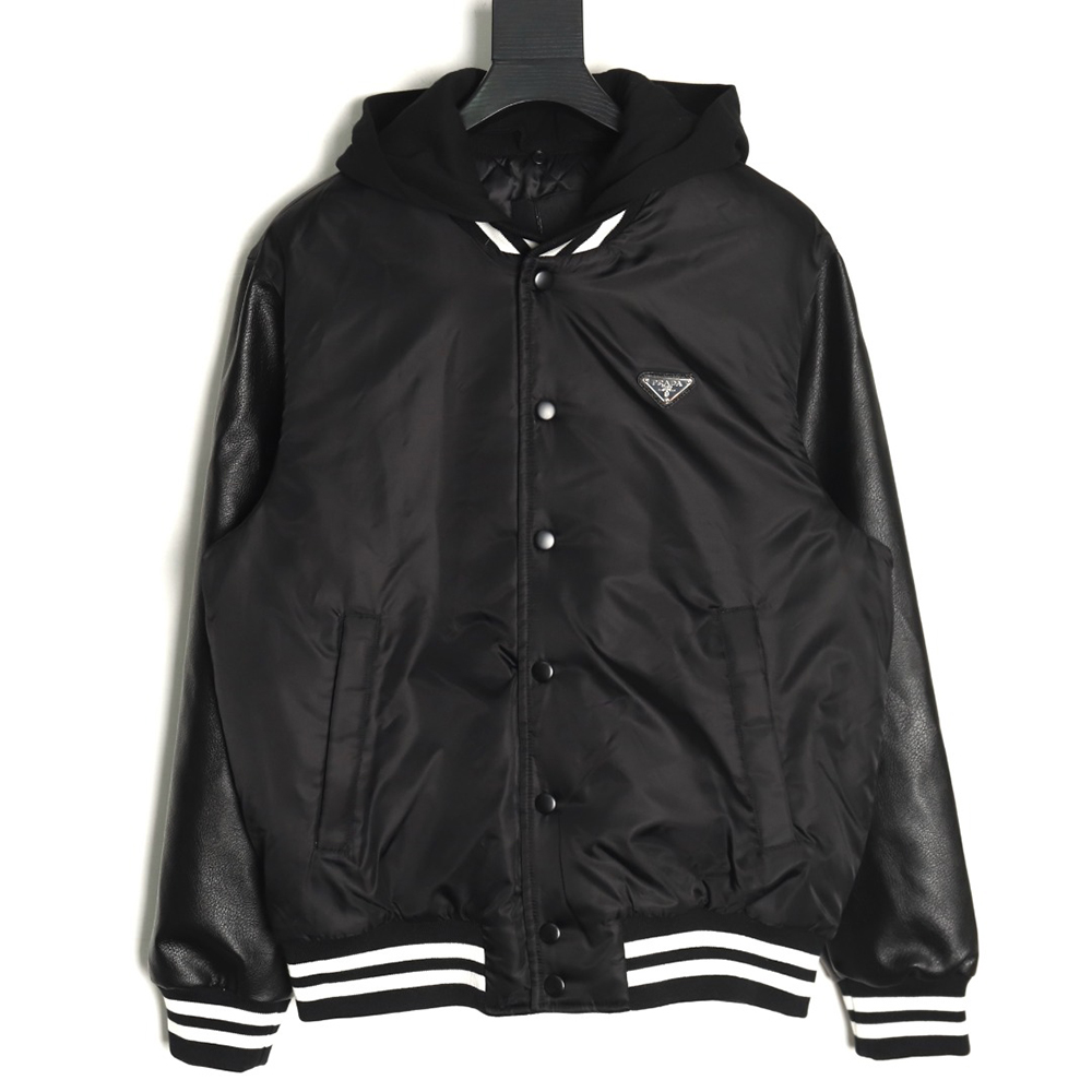 Pra*a removable hood regenerated nylon bomber jacket