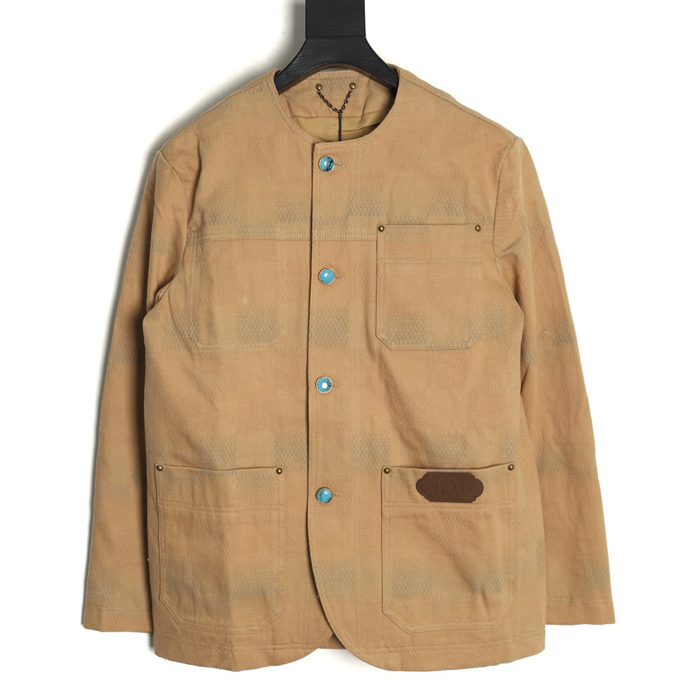 l0*is V*t0n pharrell joint embroidered turquoise checkerboard denim jacket