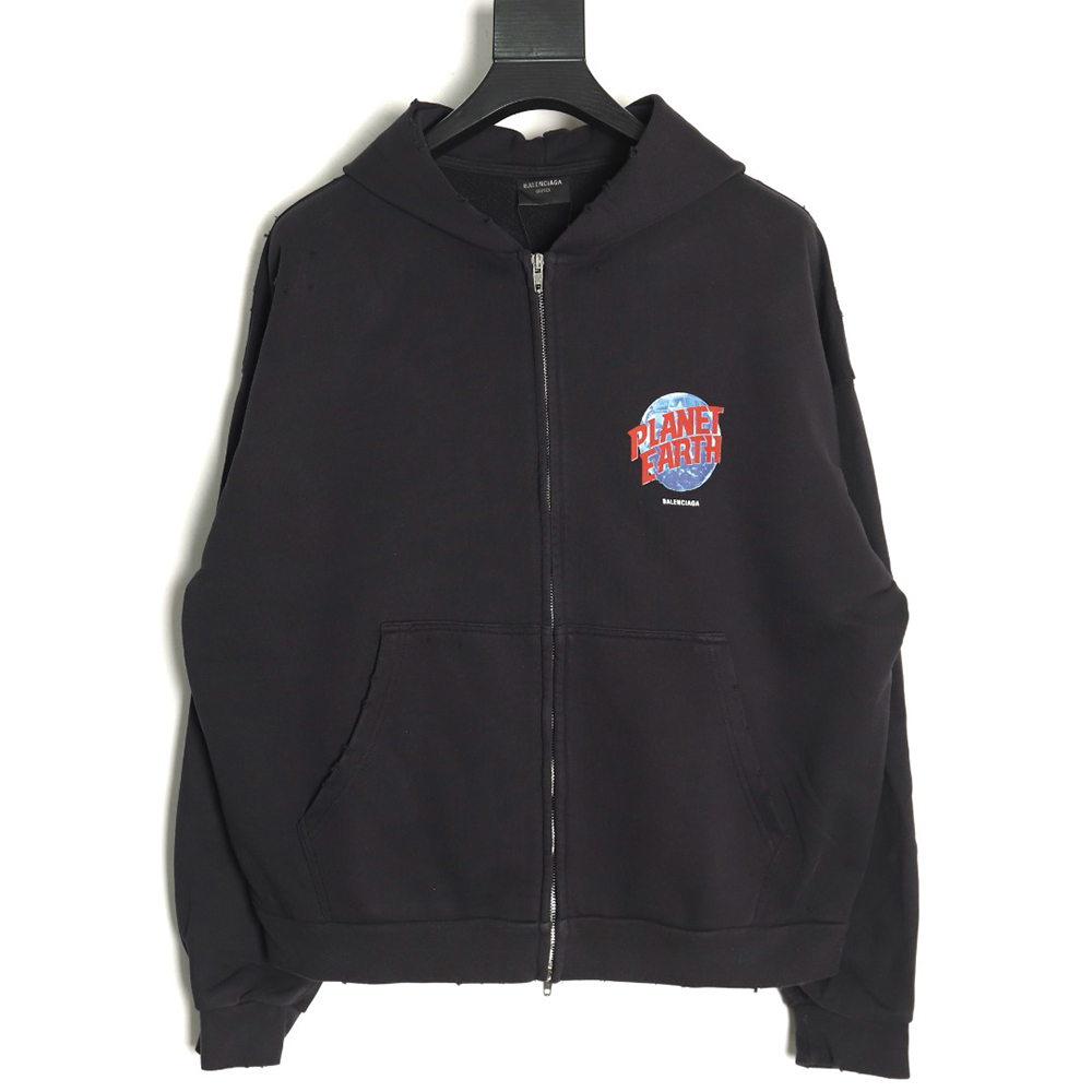 Ba*len*cia*ga globe pattern printed distressed zipper jacket tsk1