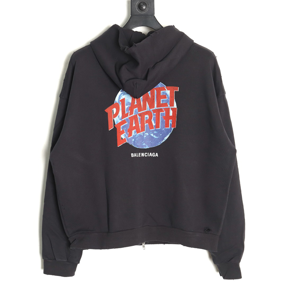 Ba*len*cia*ga globe pattern printed distressed zipper jacket tsk1