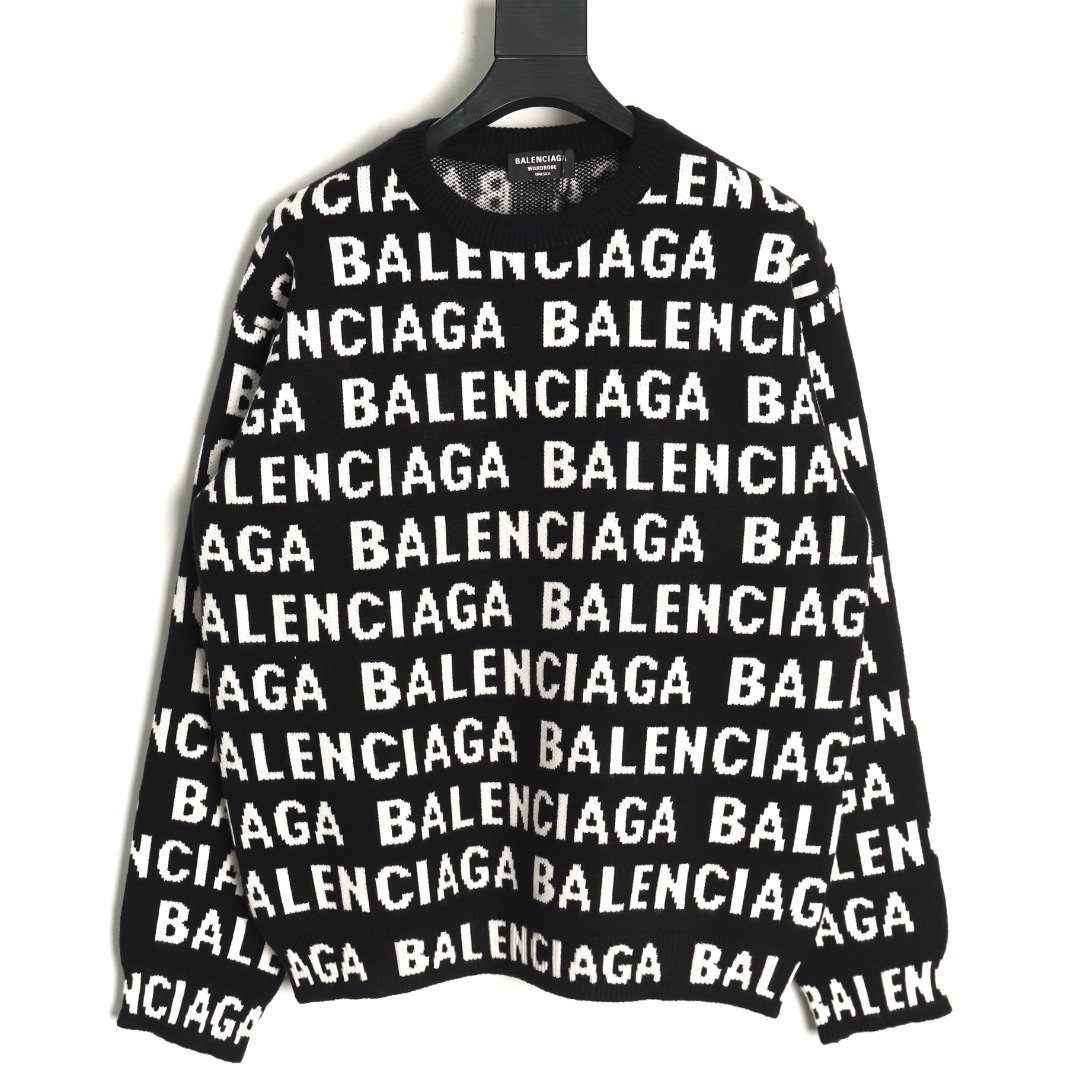 Ba*len*cia*ga jacquard full print bullet screen letter round neck sweater tsk1