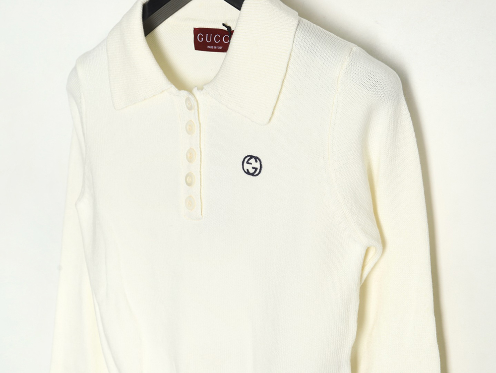 G*u*i double g embroidered lapel half-breasted wool knit sweater