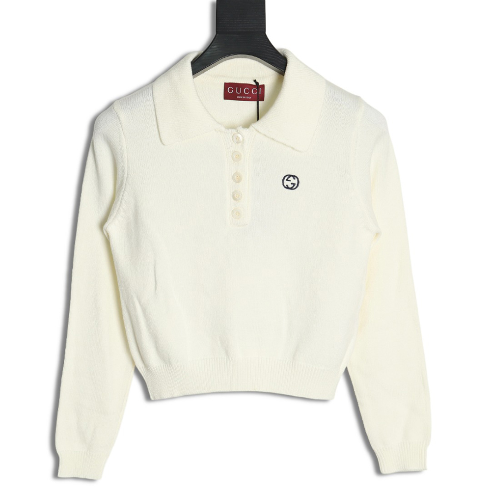 G*u*i double g embroidered lapel half-breasted wool knit sweater