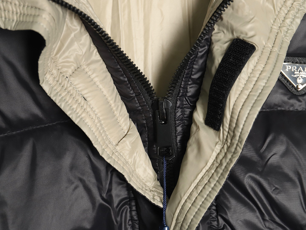 Pra*a metal triangle logo wide brim hooded down jacket