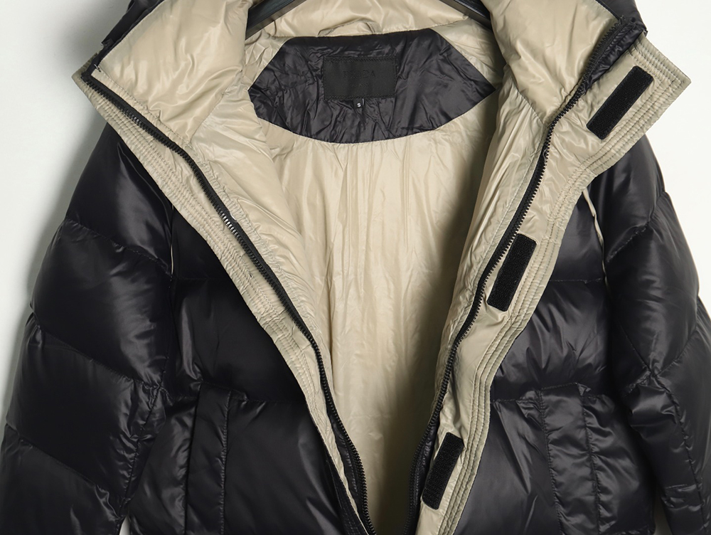 Pra*a metal triangle logo wide brim hooded down jacket