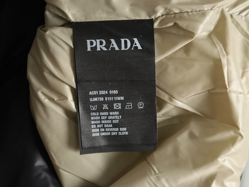 Pra*a metal triangle logo wide brim hooded down jacket