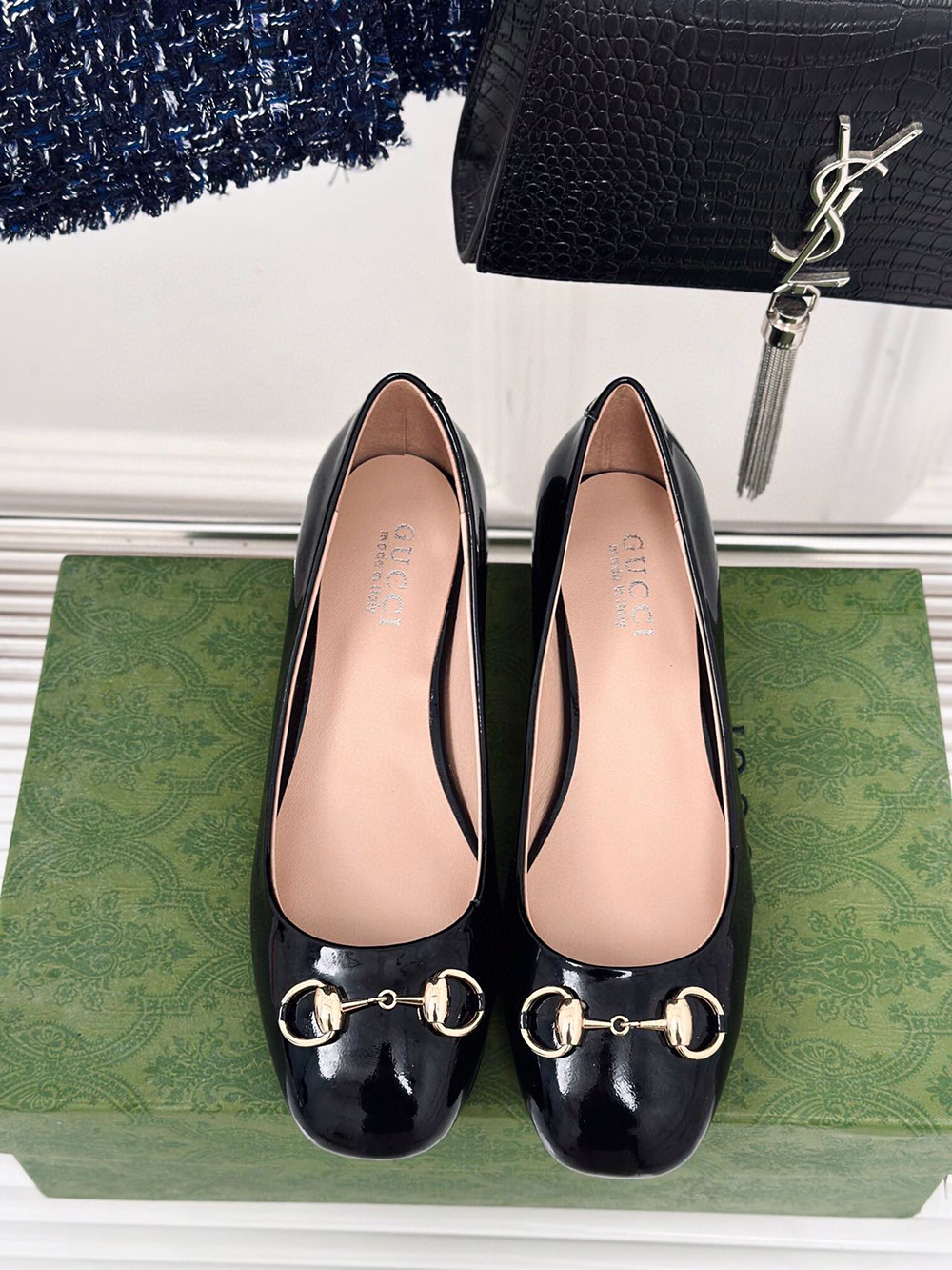 G*u*i horsebit black patent leather low heels