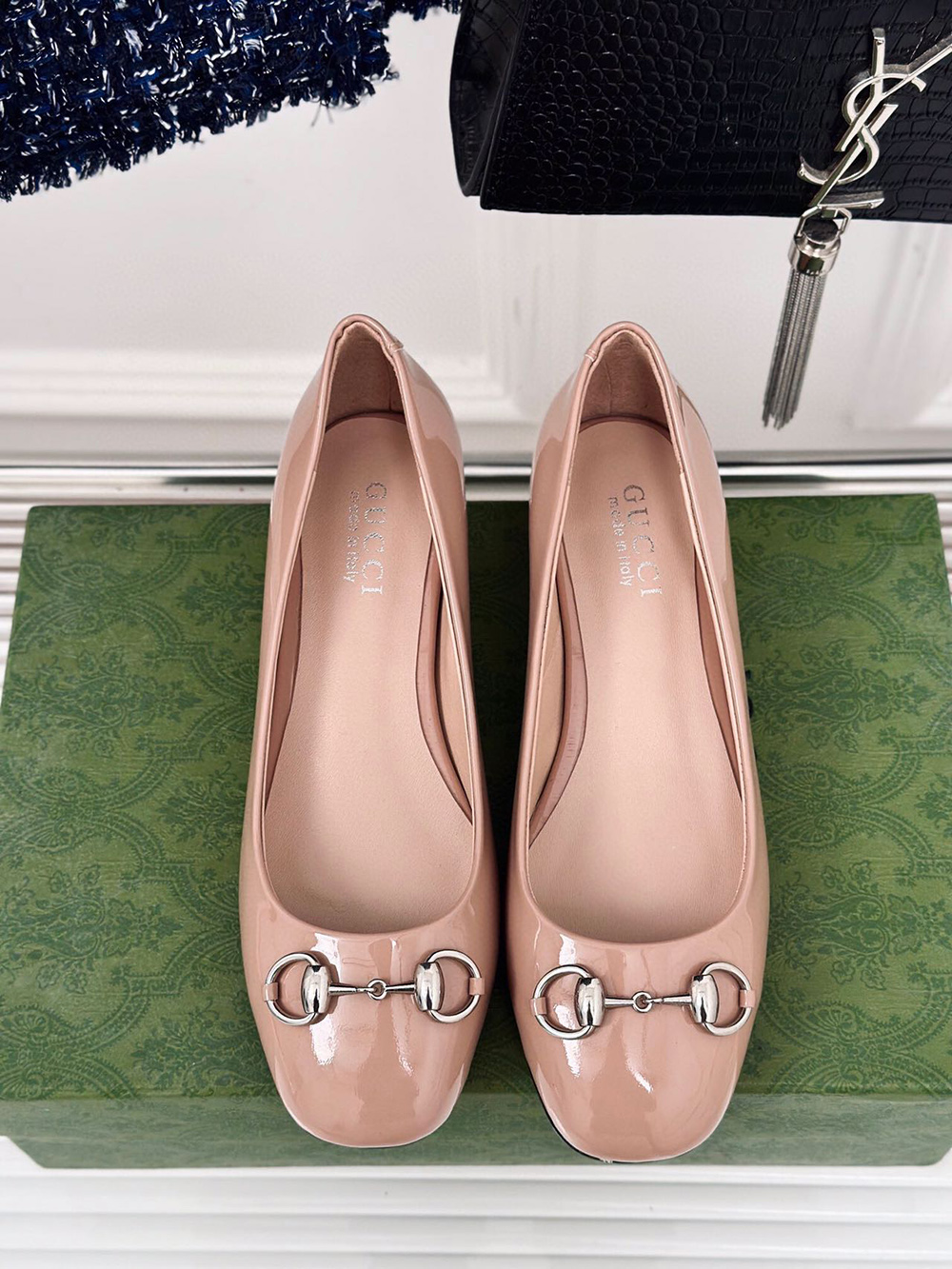 G*u*i horsebit black patent leather low heels