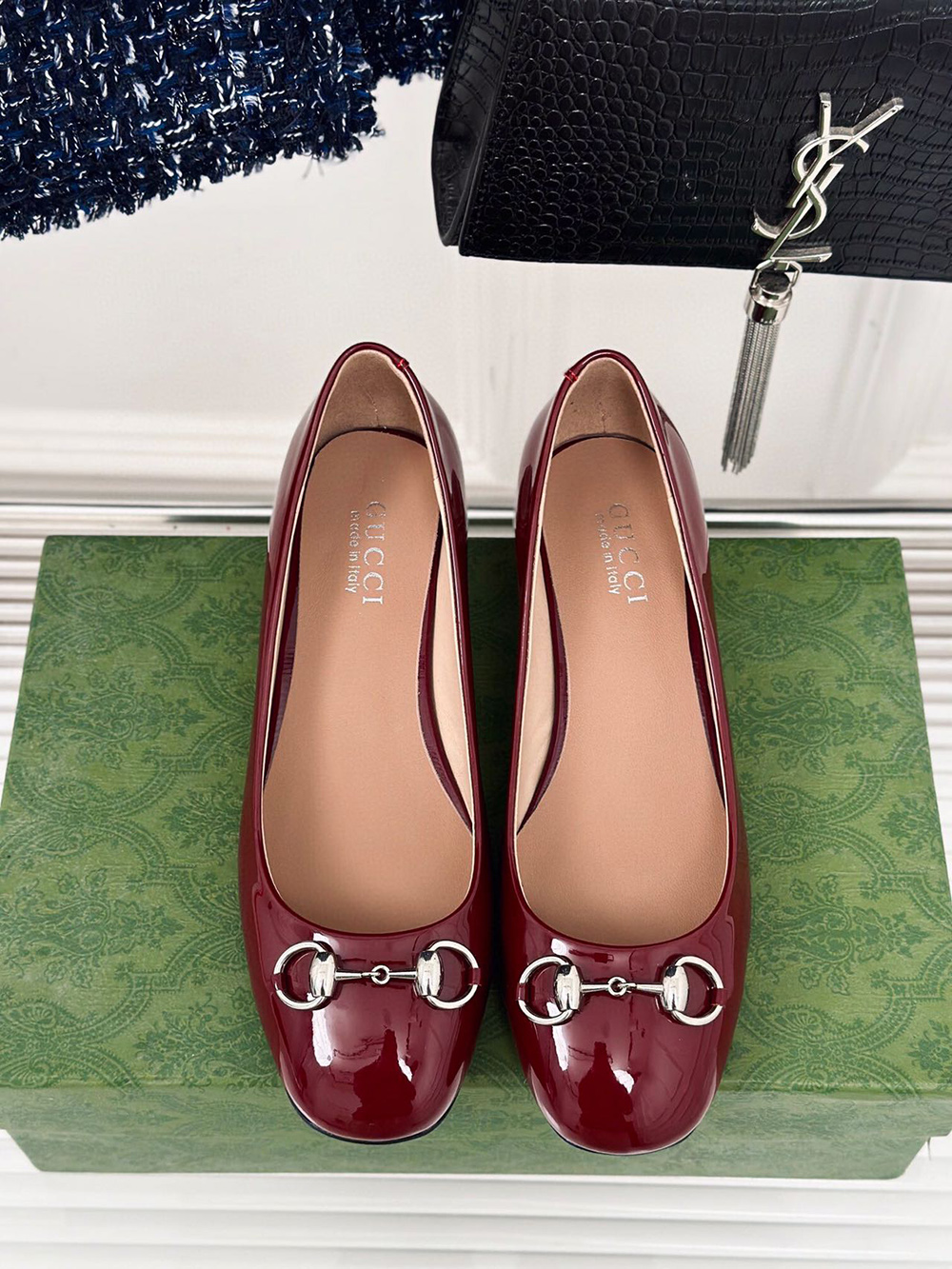 G*u*i horsebit black patent leather low heels