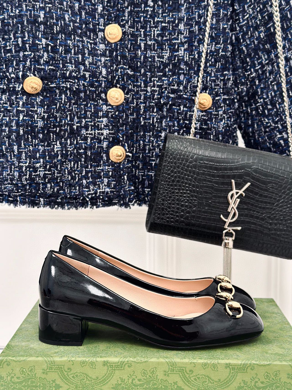 G*u*i horsebit black patent leather low heels