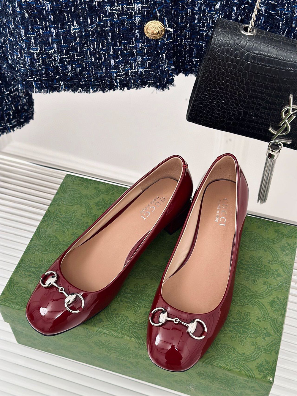 G*u*i horsebit black patent leather low heels