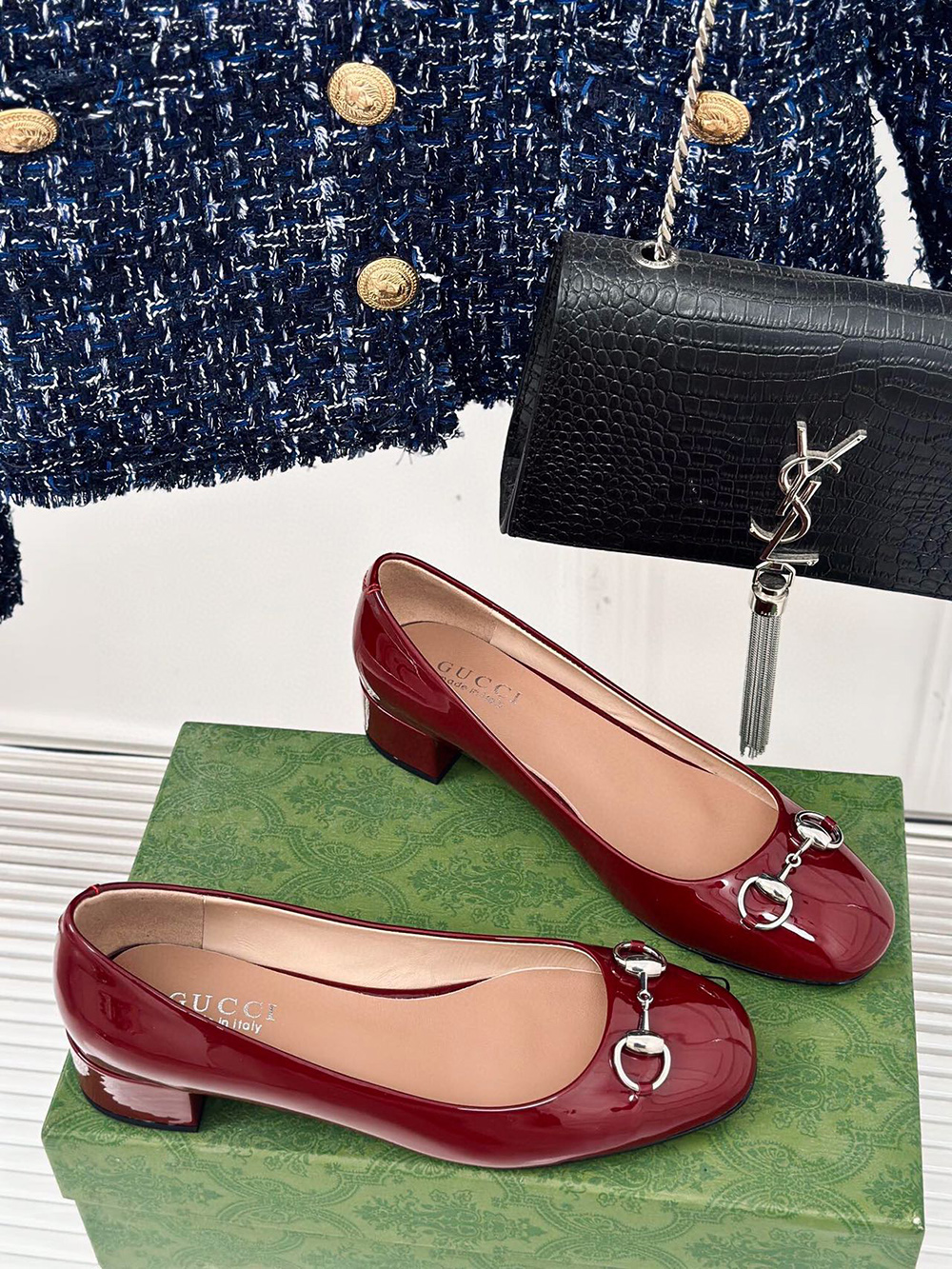 G*u*i horsebit black patent leather low heels