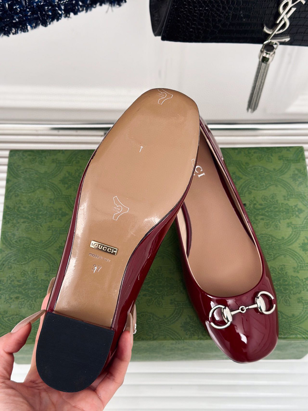 G*u*i horsebit black patent leather low heels