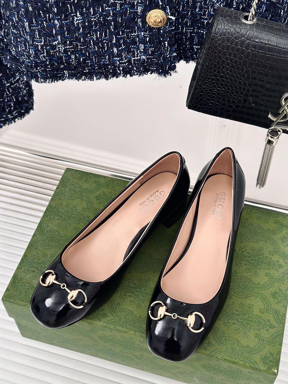 G*u*i horsebit black patent leather low heels