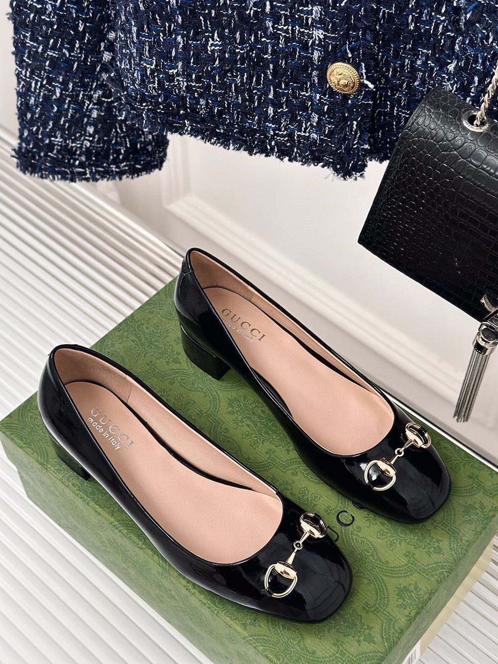 G*u*i horsebit black patent leather low heels