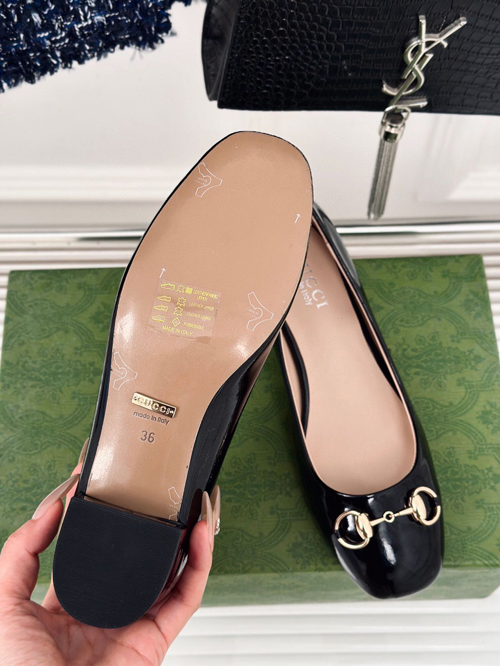 G*u*i horsebit black patent leather low heels