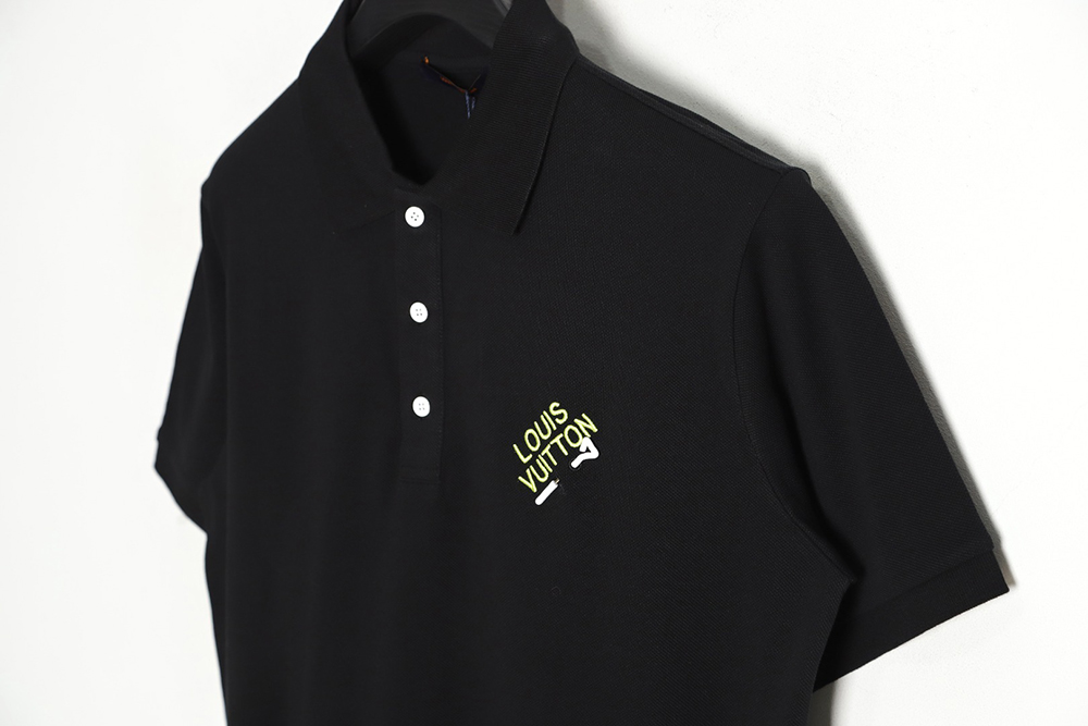 l0*is V*t0n pin embroidered short-sleeved polo shirt black